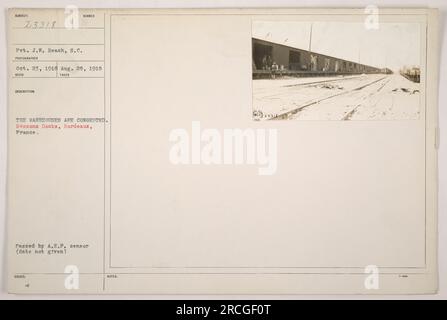 Pvt. J. Beach of S.C. (Numéro de service : 23318) dans une photographie prise le 28 août 1918, aux bassins Docks, Bordeaux, France. L'image montre des entrepôts encombrés. La photographie a été transmise par le censeur de l'A.E.P. à une date non précisée. Aucune information supplémentaire sur l'image n'est fournie. Banque D'Images