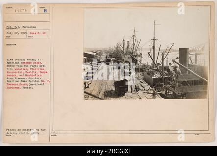 Légende de l'image : « vue vers le sud sur American Bassens Docks, avec plusieurs navires amarrés, dont le S.S. Munaires, Floridian, Woonsocket, Seattle, Rappahannock, Et Montpelier. Photographie prise le 22 juillet 1918, à Bordeaux, en France, dans le cadre de la section de base américaine n° 2, Service de transport de l'Armée de terre. Cette image a été censurée par l'A.E.E et marquée comme émise.' Banque D'Images