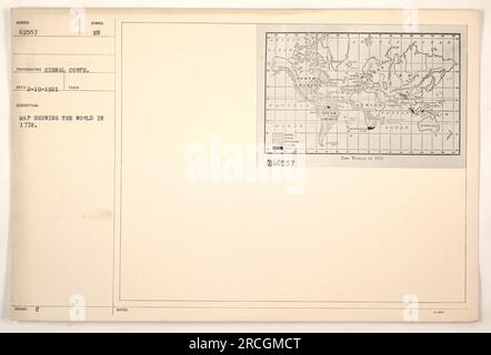 Légende : une carte montrant le monde en 1772, prise par le signal corps pendant la première Guerre mondiale. La carte, étiquetée avec divers symboles, représente les frontières politiques et les océans de cette époque. Cette image a été reçue le 19 février 1921 et porte le numéro de catalogue 62557. Banque D'Images