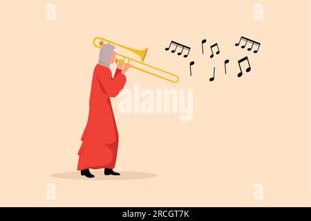 Joueur de trombone de dessin d'entreprise. Interprète féminine arabe joue un instrument à vent. Artiste de musique fille. Femme jazz. Musicien joue de la trompette. mus classique Banque D'Images