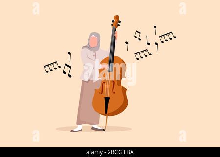 Design d'entreprise dessinant double bassiste debout avec grand instrument à cordes. Femme arabe musicienne jouant de la musique classique avec les doigts. Professionnel Banque D'Images