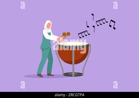 Business plat dessin de personnage de style dessin animé jeune arabe joueur de percussion femelle jouer sur timpani. Femme interprète tenant le bâton et jouant de la musique Banque D'Images