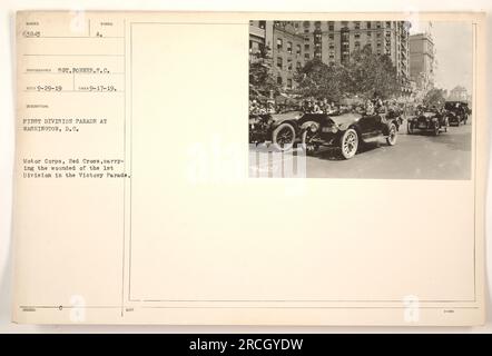 Des membres du Motor corps et de la Croix-Rouge transportent des soldats blessés de la 1e division lors d'un défilé de la victoire à Washington, DC La photographie a été prise par SOT Bonner le 17 septembre 1919. L'image est étiquetée « NUMÉRO RECO 9-29-19 » et « NOTF 63843 fer 3-000 ». Banque D'Images