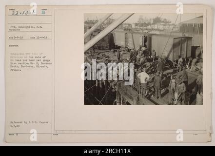 Le soldat McLaughlin est vu décharger 900 tonnes de pommes de terre à raison de 26 tonnes par heure et par gang. Cette activité a eu lieu à la base Section No 2, Bassens Docks, Bordeaux, Gironde, France. La photographie a été prise le 4 novembre 1918 et reçue par le photographe le 4 janvier 1919. Il a ensuite été publié par l'A.E.F. Censurer le 7 janvier 1919. (La légende est basée sur les informations disponibles du descripteur fourni.) Banque D'Images