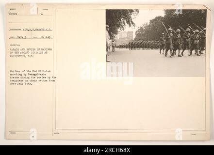 Marines de la deuxième Division participant à une revue et un défilé à Washington, DC. Ils sont vus marchant jusqu'à Pennsylvania Avenue pendant l'examen mené par le président à leur retour de service à l'étranger. La photo a été prise par le sergent R.E. Warner et porte le numéro de code 62201. Banque D'Images