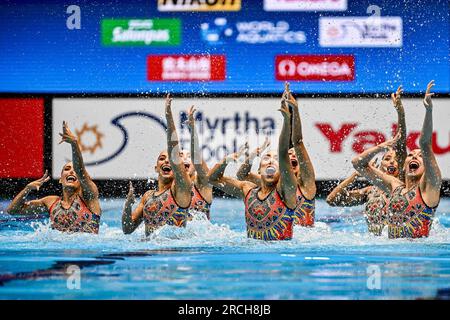 Fukuoka, Japon. 15 juillet 2023. Team Mexico participe à la routine acrobatique lors des 20e Championnats du monde aquatiques au Marine Messe Hall A de Fukuoka (Japon), le 15 juillet 2023. Crédit : Insidefoto di andrea staccioli/Alamy Live News Banque D'Images