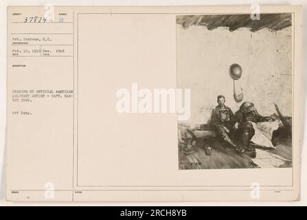 Soldat prenant une pause de service pendant la première Guerre mondiale Dessin du capitaine Harvey Dunn, artiste militaire américain officiel. Photographié par le soldat Behrens, S.C., le 10 février 1919. Légende émise par l'armée américaine. Banque D'Images