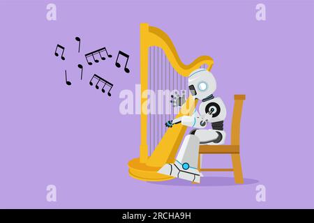 Robot de dessin plat de personnage assis sur la chaise et jouant de la harpe au festival de musique classique. Développement technologique futur. Intelligence artificielle machi Banque D'Images