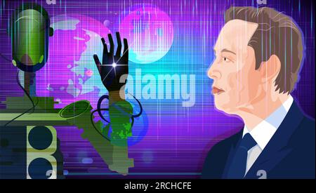 Portrait d'Elon Musk, robot et espace. Elon Musk, PDG de Tesla, et prototype de robot humanoïde Tesla Optimus. Banque D'Images