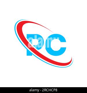 Logo PC P C lettre. Lettre initiale du logo monogramme majuscule du cercle lié au PC rouge et bleu. Logo PC, conception P C. Illustration de Vecteur