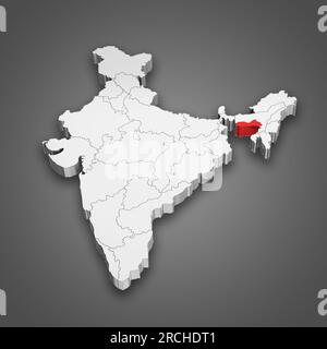 Emplacement de l'état de Meghalaya dans la carte de l'Inde. Illustration 3D. Banque D'Images