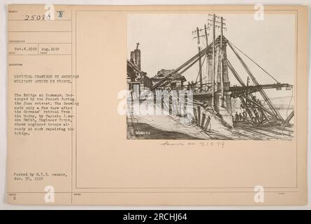 Le dessin officiel du capitaine J. Andre Smith, artiste militaire américain, datant d'août 1918 montre le pont détruit à Dormans, qui a été démoli par les Français lors de la retraite en juin. Le dessin représente les troupes du génie qui réparaient déjà le pont quelques jours seulement après la retraite des Allemands de la Marne. Cette image porte le numéro de photo 111-SC-25080 et a été reçue le 4 novembre 1918. Il a ensuite été publié et adopté par le censeur du M.I.D. le 30 novembre 1918. Banque D'Images