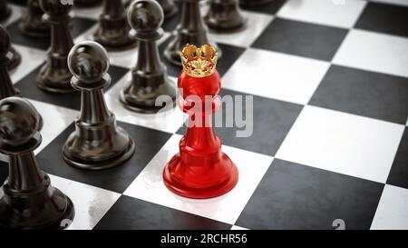 De pions rouges portant une couronne debout devant des pièces des échecs. 3D illustration. Banque D'Images