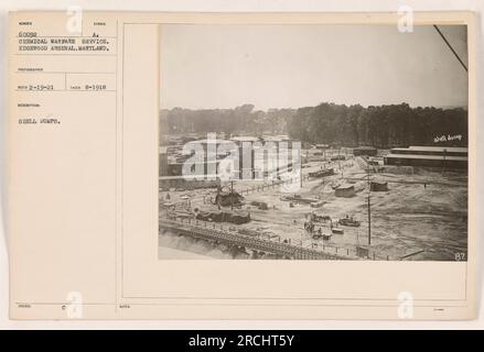 Chemical Warfare Service à Edgewood Arsenal dans le Maryland. L'image montre des décharges de coquillages avec le SYMBOLE 60092 A₂, utilisé par le Chemical Warfare Service. Cette photographie a été prise en août 1918, avec un total de 189 obus capturés dans l'image. Les notes mentionnent les détails du photographe et la description de la décharge de coquillages. Banque D'Images