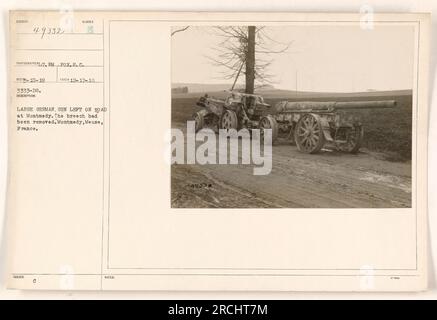 Un gros canon allemand est vu abandonné sur une route à Montmedy, Meuse, France. La culasse de l'arme a été enlevée. La photographie a été prise le 17 décembre 1918 par le photographe T. M.Pox.S.C. Cette image est numérotée 49332 et a été reçue le 19 octobre 1919 sous la référence 3333-08. Banque D'Images