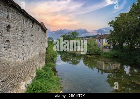 Chablis, petite ville de Bourgogne, maisons typiques au bord de la rivière Banque D'Images