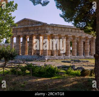 Le Temple de Hera II (également connu sous le nom de Temple de Neptune) à Paestum en Campanie est un ancien temple dorique grec construit autour de 460 - 450 BCE. Banque D'Images