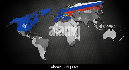 Les pays membres de l'OTAN et les partisans de la Russie en Ukraine se disputent sur la carte du monde - illustration 3D. Banque D'Images