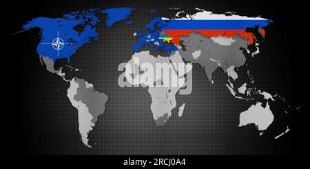 Les pays membres de l'OTAN et les partisans de la Russie en Ukraine se disputent sur la carte du monde - illustration 3D. Banque D'Images