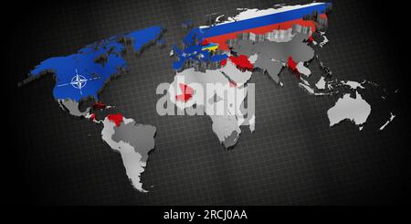 Les pays membres de l'OTAN et les partisans de la Russie en Ukraine se disputent sur la carte du monde - illustration 3D. Banque D'Images