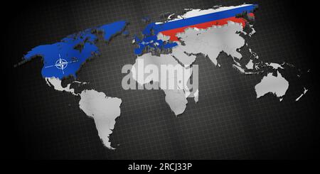 Tous les pays membres de l'OTAN et la Russie sur la carte du monde - illustration 3D. Banque D'Images