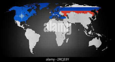 Tous les pays membres de l'OTAN et la Russie sur la carte du monde - illustration 3D. Banque D'Images