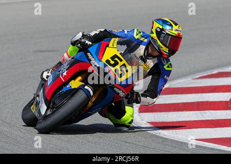 Montmelo, Espagne. 14 juillet 2023. Alex Toledo d'Espagne de Easyrace Team avec Boscoscuro lors de la catégorie moto 2 du Finetwork FIM JuniorGP World Championship Barcelona round au circuit de Barcelona à Montmelo, Espagne. Crédit : DAX Images/Alamy Live News Banque D'Images