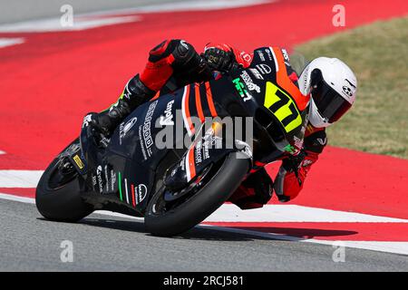 Montmelo, Espagne. 14 juillet 2023. Mattia Volpi d'Italie de l'équipe MMR avec Kalex lors de la catégorie moto 2 du Finetwork FIM JuniorGP World Championship Barcelona round au circuit de Barcelona à Montmelo, Espagne. Crédit : DAX Images/Alamy Live News Banque D'Images