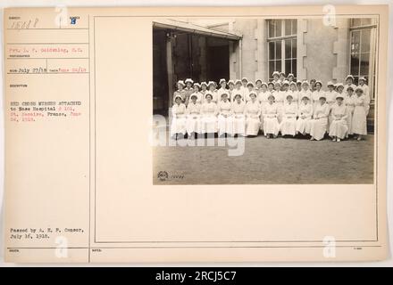 Groupe d'infirmières de la Croix-Rouge rattachées à l'hôpital de base # 101 à St. Nasaire, France. La photographie a été prise le 24 juin 1918 par le photographe F. Kech. Il a été publié avec les notes 15089 et approuvé par le censeur A. E. F. le 16 juillet 1918. Le VP L. P. Goldshlag était également présent sur l'image. Banque D'Images