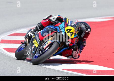 Montmelo, Espagne. 14 juillet 2023. Adrian Rodriguez d'Espagne de Easyrace Team avec Yamaha lors de la catégorie stock ECH du Finetwork FIM JuniorGP World Championship Barcelona round au circuit de Barcelona à Montmelo, Espagne. Crédit : DAX Images/Alamy Live News Banque D'Images