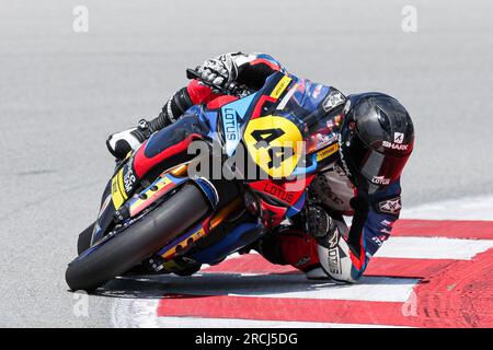 Montmelo, Espagne. 14 juillet 2023. Adrian Rodriguez d'Espagne de Easyrace Team avec Yamaha lors de la catégorie stock ECH du Finetwork FIM JuniorGP World Championship Barcelona round au circuit de Barcelona à Montmelo, Espagne. Crédit : DAX Images/Alamy Live News Banque D'Images