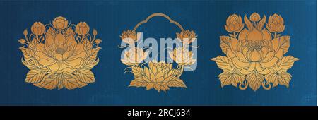 Fleur florale de lotus en art nouveau 1920-1930. lotus dessiné à la main dans un style linéaire avec des tissages de lignes, de feuilles et de fleurs de lotus. Illustration de Vecteur