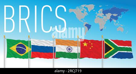 Sommet BRICS, drapeaux des pays et carte, illustration vectorielle Illustration de Vecteur