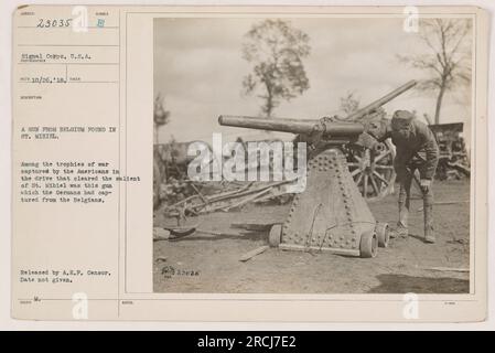 'Une arme de Belgique trouvée à St. Mihiel, capturé par les Américains pendant la première Guerre mondiale Cette arme capturée par les Allemands a été à l'origine prise aux Belges. La date de la photographie n'est pas précisée. Publié par A.E.F. Censor.' Banque D'Images