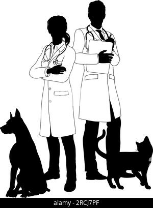 Homme et femme vétérinaires chien et chat animaux Silhouette Illustration de Vecteur