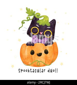 Un chat noir mignon et curieux jouant Peek-a-boo à l'intérieur d'une citrouille festive d'Halloween, de délicieuses illustrations aquarelles capturent l'essence de Halloween wi Illustration de Vecteur