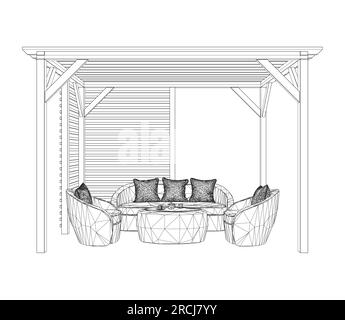 Gazebo Wireframe Garden moderne graphique noir blanc architecte esquisse paysage vecteur d'illustration. Jardin de belvédère moderne contour graphique terrain d'architecte Illustration de Vecteur