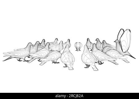 Contour d'oiseau pigeon assis. Conception de personnages de dessins animés plats. Icône oiseau de contour. Modèle mignon de pigeon. Illustration vectorielle isolée sur fond blanc. Illustration de Vecteur