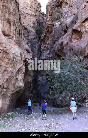 Marcheurs au barrage Nabatéen à Wadi Ba'aja près de Little Petra, région d'Al-Sharat en Jordanie, Moyen-Orient Banque D'Images