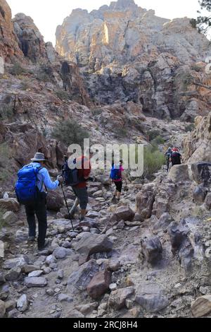 Promeneurs dans le paysage autour de Wadi Ba'aja près de Little Petra, région Al-Sharat de Jordanie, Moyen-Orient Banque D'Images