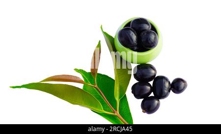 Prune Jambolan dans un bol en céramique avec des feuilles vertes isolent sur fond blanc. Concept de fruits sains et savoureux. Banque D'Images