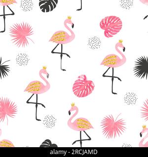 Aquarelle Flamingo motif sans couture. Conception de fond de vecteur avec flamants roses et feuilles de palmier. Illustration de Vecteur