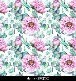 Motif sans couture de feuilles d'eucalyptus avec des fleurs de pivoine roses. Illustration aquarelle isolée sur fond blanc. L'application est conçue pour p Banque D'Images