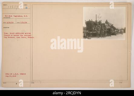 Le caporal R. H. Ingleston de la 51e Artillerie côtière est vu en action près de Copru, en France, pendant la première Guerre mondiale. La photographie a été prise le 31 juillet 1918 et émise le 10 septembre 1918. L'image capture les troupes américaines qui avancent pour engager les forces allemandes en retraite. Banque D'Images