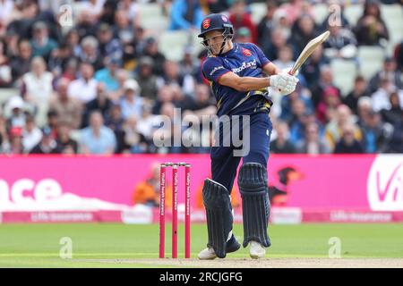 Prise à Birmingham, Royaume-Uni, le 15 juillet 2023 au Warwickshire County Cricket Club, Edgbaston. Sur la photo, Michael Pepper, le gardien de vaillerie d'Essex, en action avec la batte lors de la demi-finale Vitality Blast 2023 entre Essex et Hampshire. L'image est réservée à un usage éditorial - crédit à Stu Leggett via Alamy Live News Banque D'Images