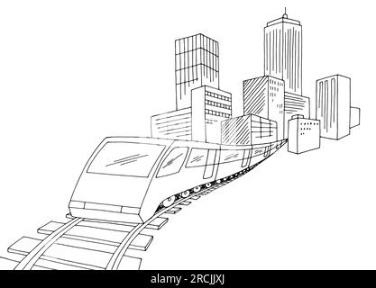 Train chemin de fer à partir du vecteur d'illustration d'esquisse de paysage noir blanc graphique de la ville Illustration de Vecteur