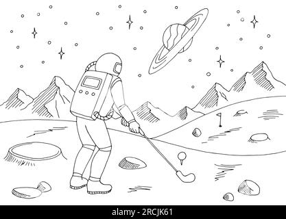 Astronaute jouer au golf sur la planète extraterrestre graphique paysage blanc noir vecteur d'illustration d'esquisse de paysage d'espace Illustration de Vecteur