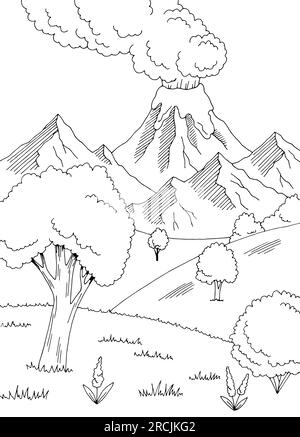 Volcan montagne colline graphique esquisse noir blanc illustration de paysage vertical vecteur Illustration de Vecteur