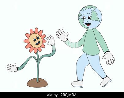 Planète drôle et fleur dans le style de bande dessinée rétro à la mode. High Five main Gesture jour de la Terre et Journée mondiale de l'environnement élément de conception illustration vectorielle, Illustration de Vecteur