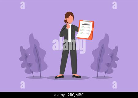 Personnage plat dessin attrayante femme d'affaires debout et tenant le presse-papiers. Faire ou montrer un geste ou un signe « pouce vers le haut ». Personne heureuse tenant le fichier Banque D'Images